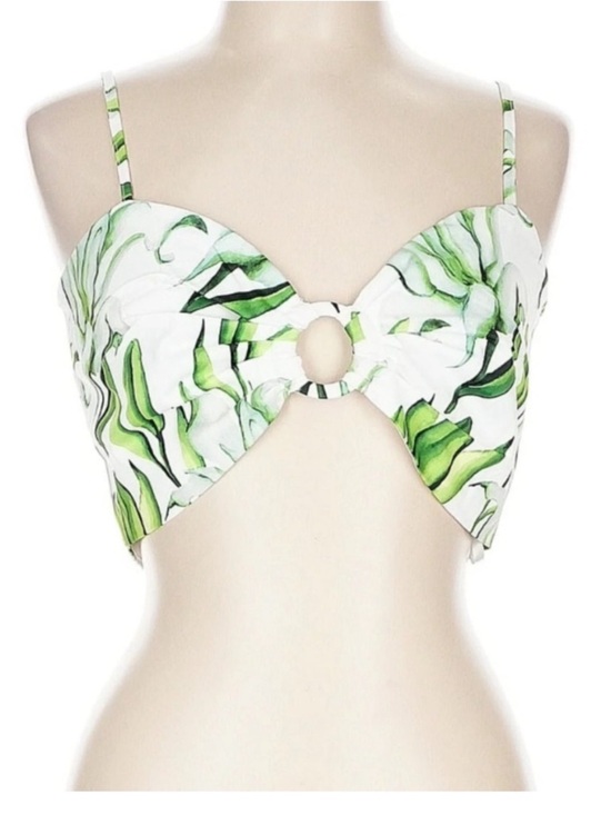 The Sang Tops - The Sang Tropical Leaf Print Cutout Crop Top Green White Vacation Resort L NWT